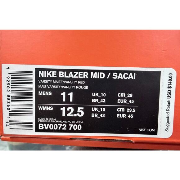 Nike Blazer Mid / Sacai “Varsity Maize / Varsity Red” BV0072-700 – Men’s 11 NIB - Picture 6 of 6